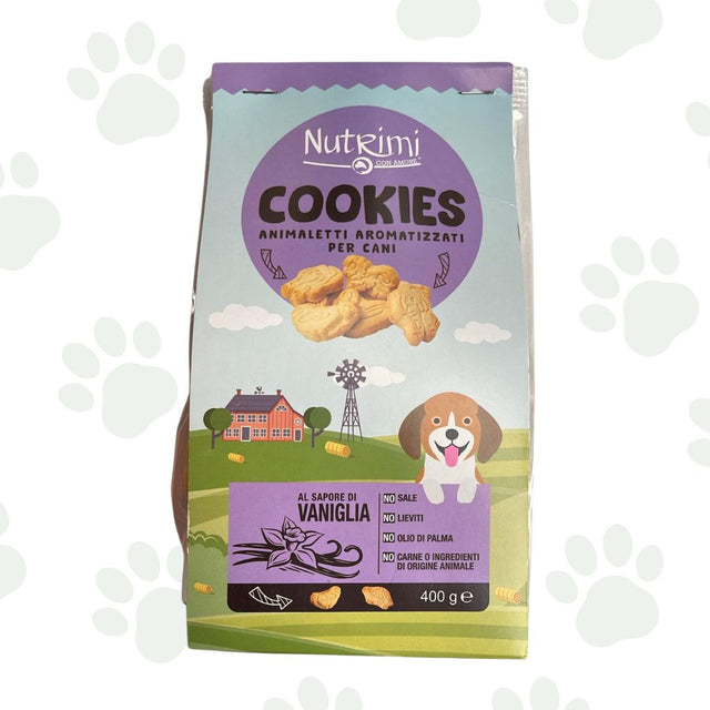 Confezione da 400 g di biscotti per cani Nutrimi al sapore di vaniglia.