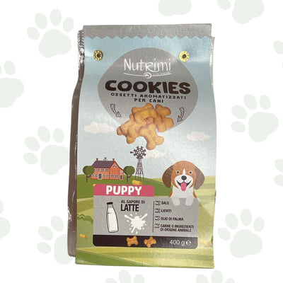Confezione da 400 g di biscotti per cuccioli Nutrimi al sapore di latte.