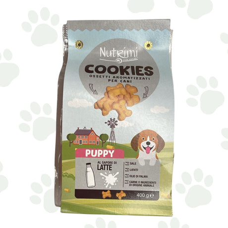 Confezione da 400 g di biscotti per cuccioli Nutrimi al sapore di latte.