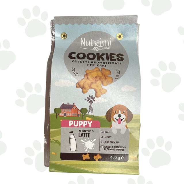Confezione da 400 g di biscotti per cuccioli Nutrimi al sapore di latte.