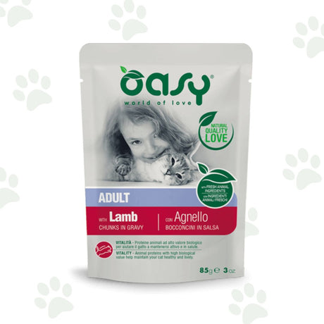 Bustina Oasy di bocconcini in salsa con agnello per gatti sterilizzati.
