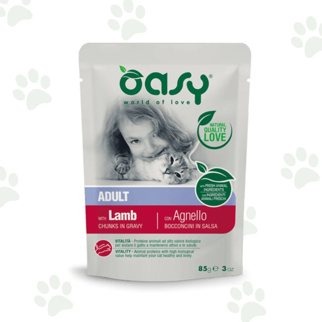 Bustina Oasy di bocconcini in salsa con agnello per gatti sterilizzati.