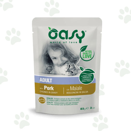 Bustina Oasy di bocconcini in salsa con maiale per gatti.