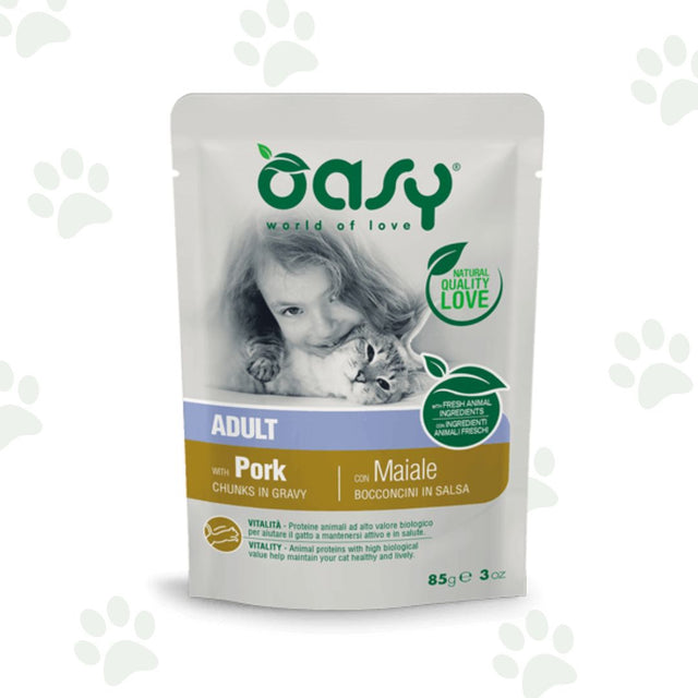 Bustina Oasy di bocconcini in salsa con maiale per gatti.