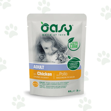 Bustina Oasy di bocconcini in salsa con pollo per gatti.