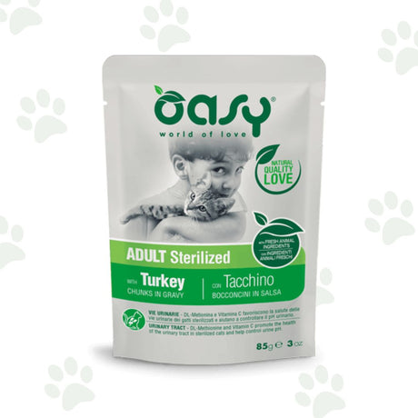 Bustina Oasy di bocconcini in salsa con tacchino per gatti sterilizzati.
