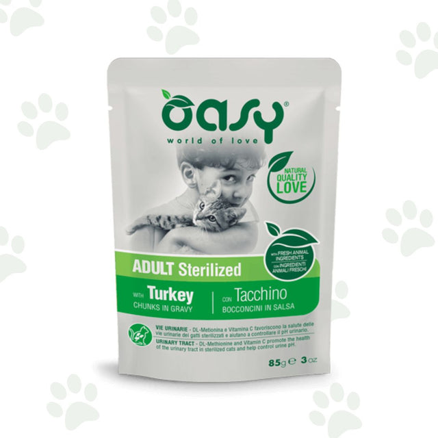 Bustina Oasy di bocconcini in salsa con tacchino per gatti sterilizzati.