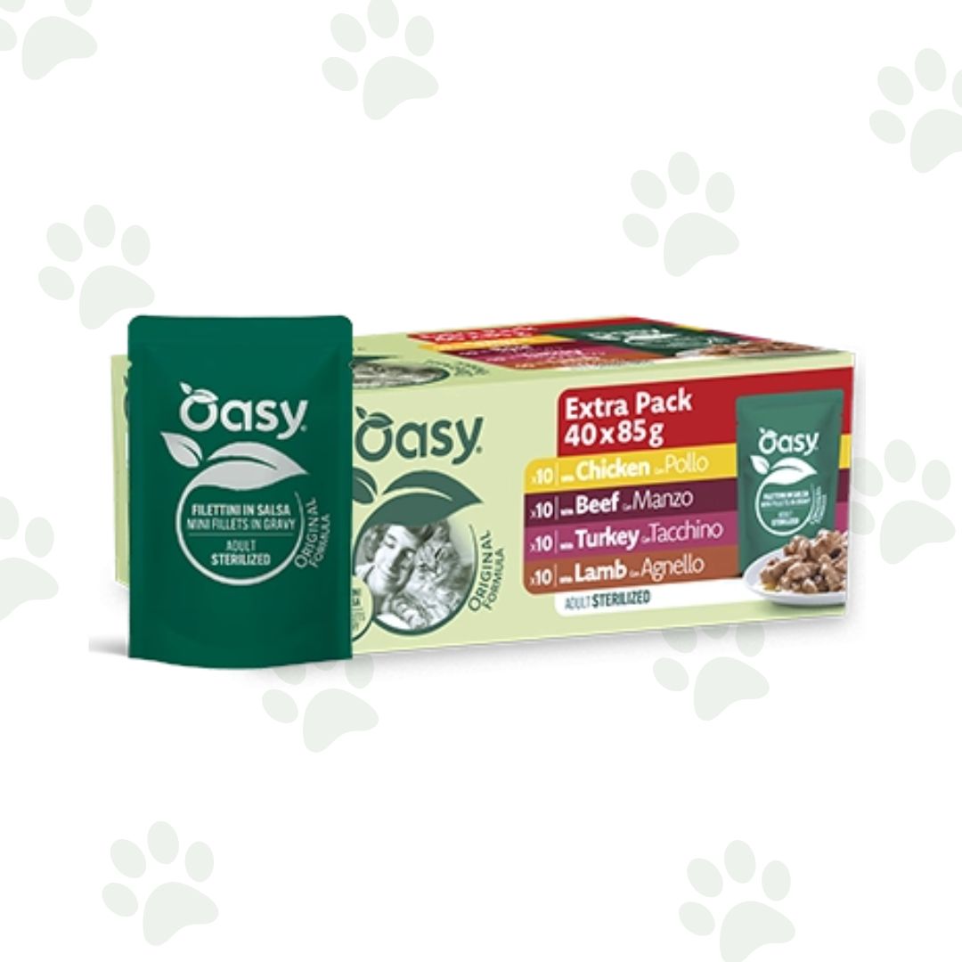Confezione multipack Oasy 40x85g di cibo umido per gatti mix gusti carne.