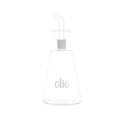 Oliera conica in vetro borosilicato con beccuccio anti-goccia e scritta "olio".