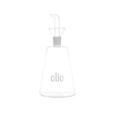 Oliera conica in vetro borosilicato con beccuccio anti-goccia e scritta "olio".