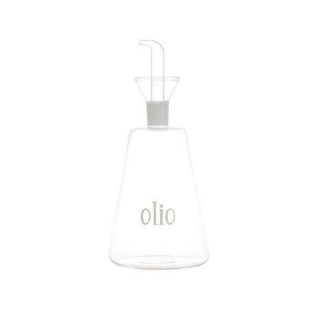 Oliera conica in vetro borosilicato con beccuccio anti-goccia e scritta "olio".