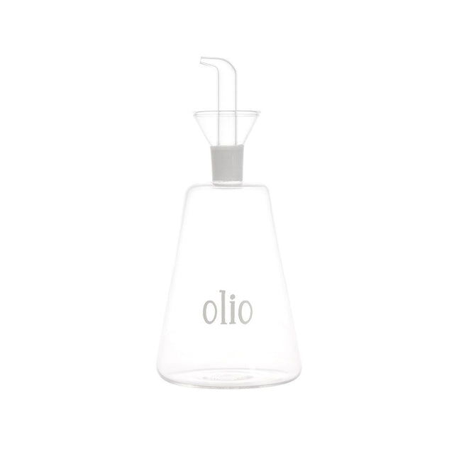 Oliera conica in vetro borosilicato con beccuccio anti-goccia e scritta "olio".