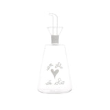 Oliera conica in vetro borosilicato con beccuccio anti-goccia e scritta "un filo di olio".