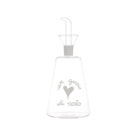 Oliera conica in vetro borosilicato con beccuccio anti-goccia e scritta "un goccio di aceto".