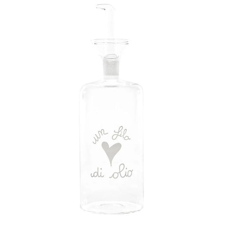 Oliera in vetro borosilicato con beccuccio anti-goccia e scritta in bianco "un filo di olio".