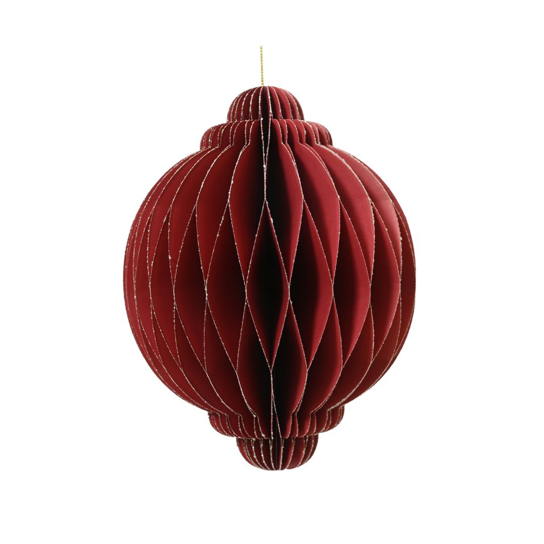Decorazione natalizia in carta rossa, dalla forma sferica con estremità arrotondate e cordoncino dorato per appenderla.