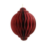 Decorazione natalizia in carta rossa, dalla forma sferica con estremità arrotondate e cordoncino dorato per appenderla.