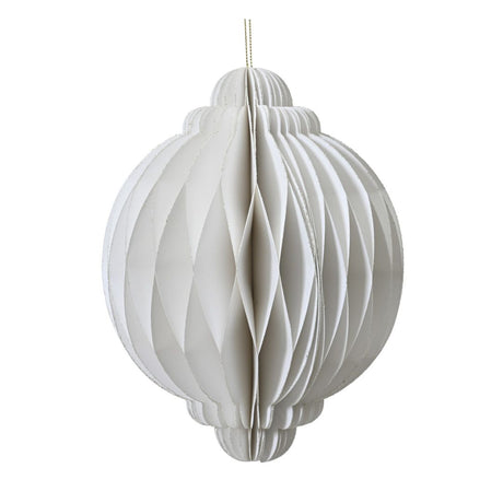 Decorazione natalizia in carta bianca, dalla forma sferica con estremità arrotondate e cordoncino dorato per appenderla.