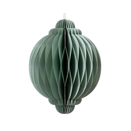 Decorazione natalizia in carta verde menta, dalla forma sferica con estremità arrotondate e cordoncino dorato per appenderla.