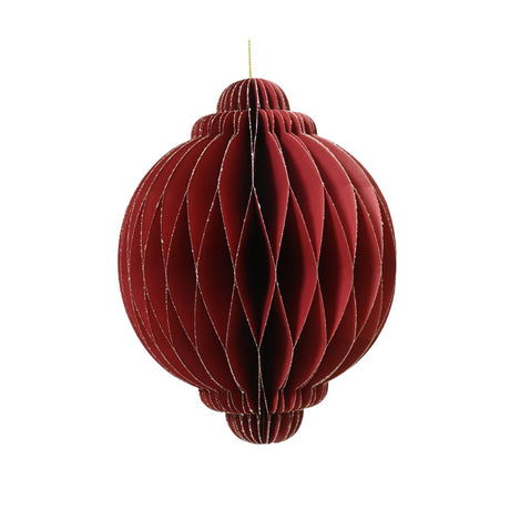 Decorazione natalizia in carta rossa, dalla forma sferica con estremità arrotondate e cordoncino dorato per appenderla.