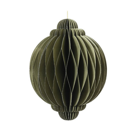 Decorazione natalizia in carta verde, dalla forma sferica con estremità arrotondate e cordoncino dorato per appenderla.