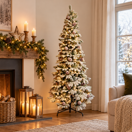 Albero di Natale innevato con pigne Oregon ambientato in una scena natalizia