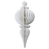 Decorazione natalizia a nido d’ape in carta bianca, dalla forma allungata con parte centrale sferica e dettagli sagomati, completa di cordoncino dorato per appenderla.