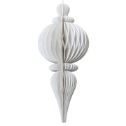 Decorazione natalizia a nido d’ape in carta bianca, dalla forma allungata con parte centrale sferica e dettagli sagomati, completa di cordoncino dorato per appenderla.