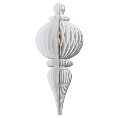 Decorazione natalizia a nido d’ape in carta bianca, dalla forma allungata con parte centrale sferica e dettagli sagomati, completa di cordoncino dorato per appenderla.