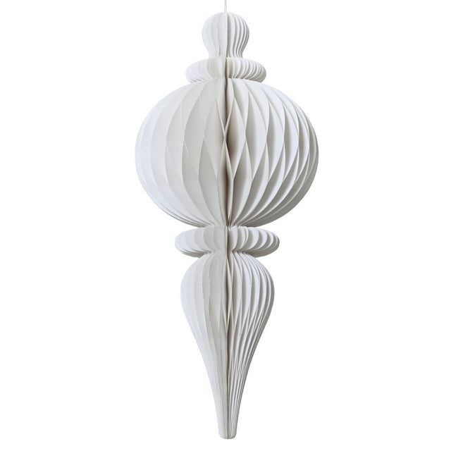 Decorazione natalizia a nido d’ape in carta bianca, dalla forma allungata con parte centrale sferica e dettagli sagomati, completa di cordoncino dorato per appenderla.