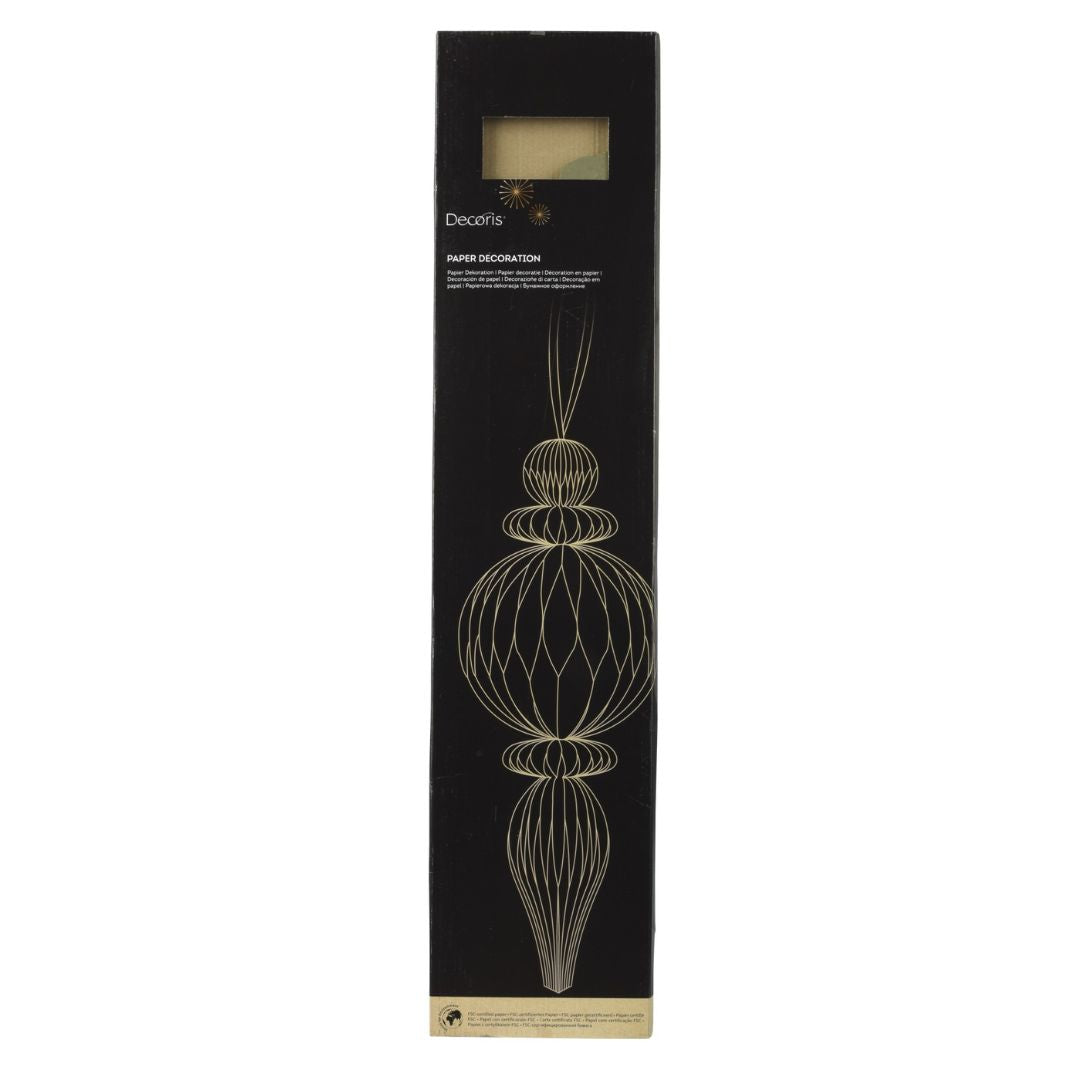 Confezione decorazione natalizia in carta, con disegno dorato dell’ornamento allungato e finestra che mostra il colore del prodotto.