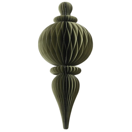 Decorazione natalizia a nido d’ape in carta verde, dalla forma allungata con parte centrale sferica e dettagli sagomati, completa di cordoncino dorato per appenderla.