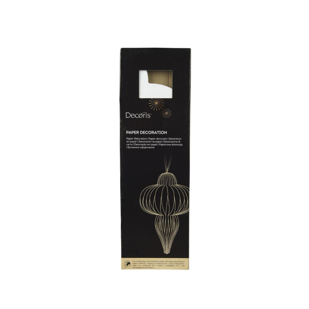 Confezione decorazione natalizia in carta bianca, con grafica dorata che mostra la forma del prodotto.