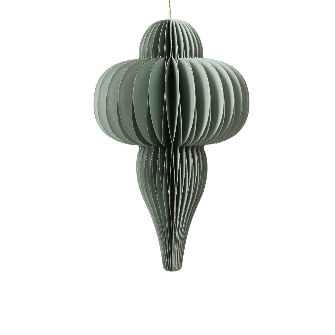 Decorazione natalizia a nido d’ape in carta verde menta, dalla forma allungata con parte centrale tondeggiante e cordoncino dorato per appenderla.