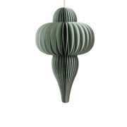 Decorazione natalizia a nido d’ape in carta verde menta, dalla forma allungata con parte centrale tondeggiante e cordoncino dorato per appenderla.