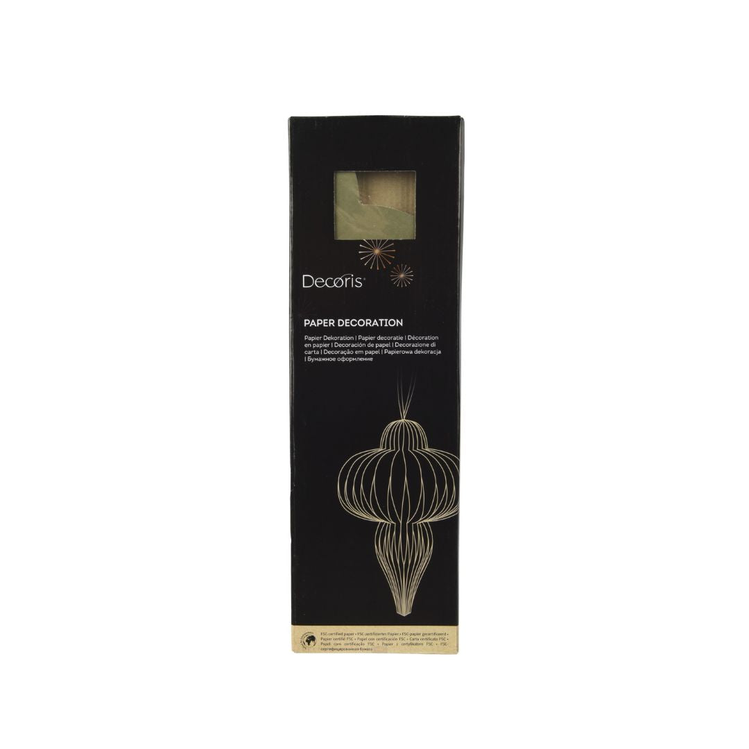 Confezione decorazione natalizia in carta verde, con grafica dorata che mostra la forma del prodotto.