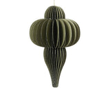 Decorazione natalizia a nido d’ape in carta verde, dalla forma allungata con parte centrale tondeggiante e cordoncino dorato per appenderla.