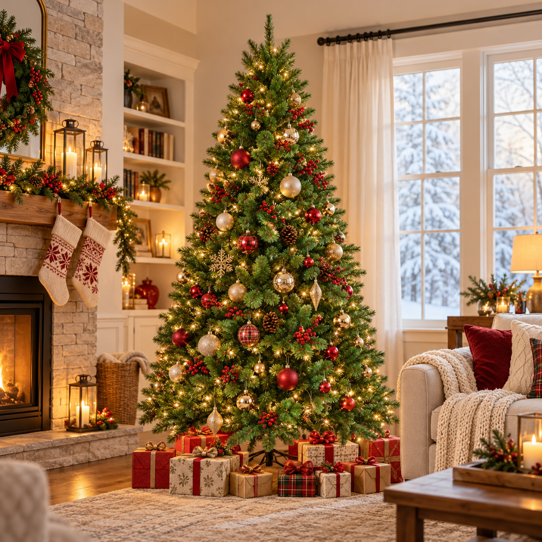 Albero di Natale classico verde Ortles in una stanza addobbata a tema natale