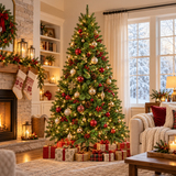 Albero di Natale classico verde Ortles in una stanza addobbata a tema natale