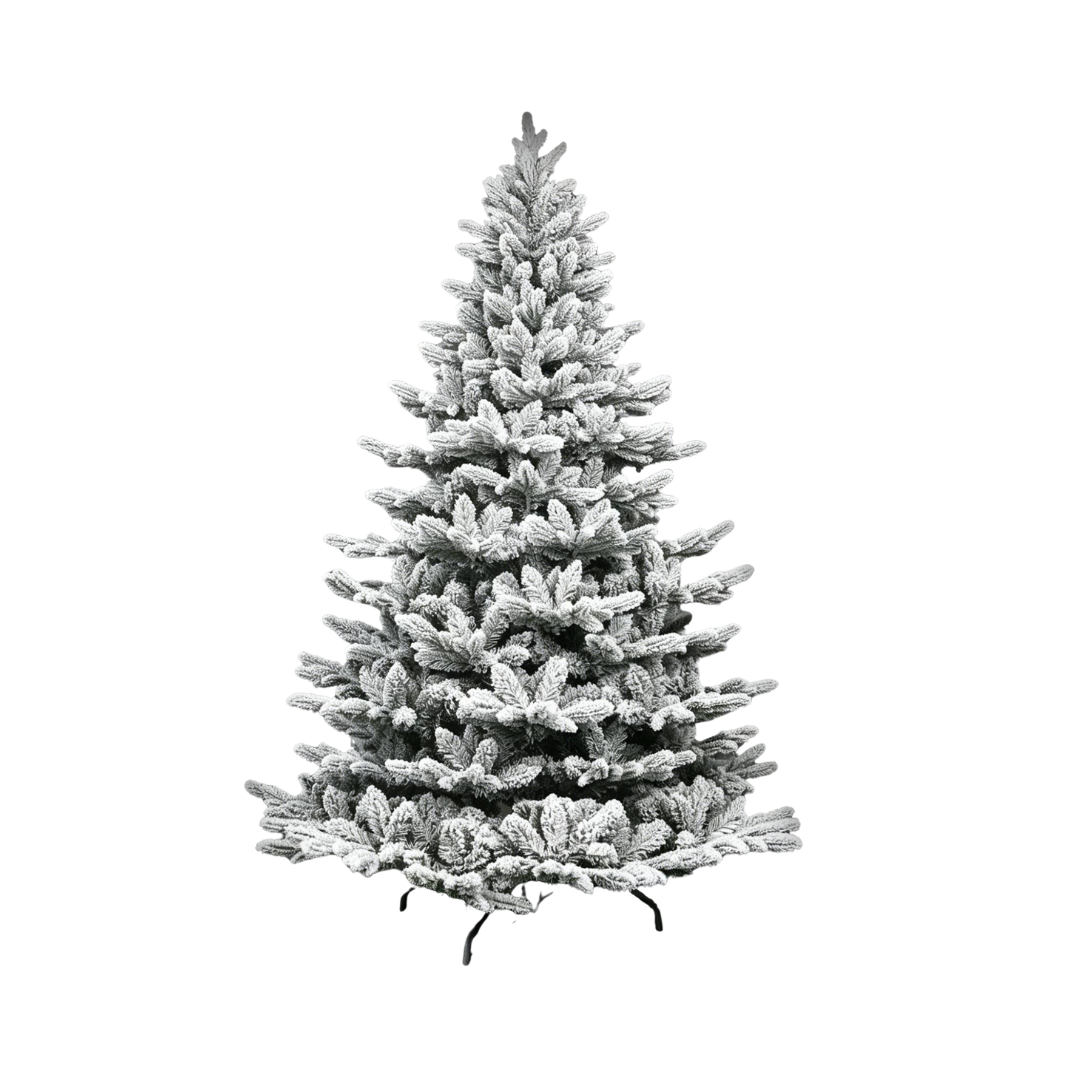 Albero di Natale innevato dalla forma conica, con chioma folta e fitta ricoperta da un intenso effetto neve sui rami
