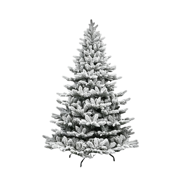 Albero di Natale innevato dalla forma conica, con chioma folta e fitta ricoperta da un intenso effetto neve sui rami