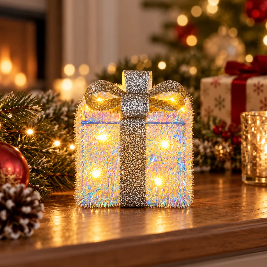 Pacco regalo luminoso da 13 cm con fiocco argentato, ambientato su un mobile tra decorazioni natalizie illuminate