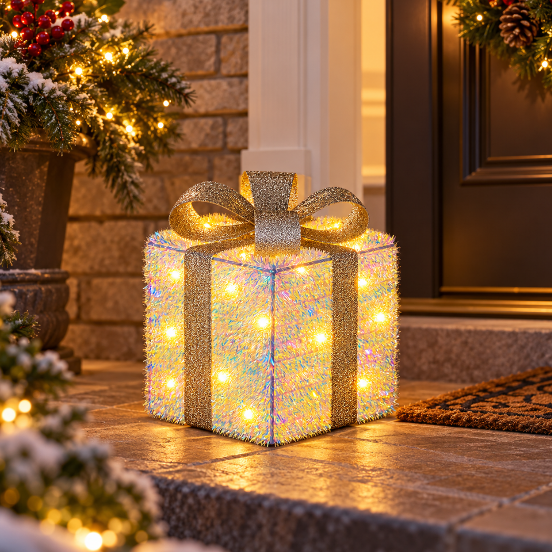 Pacco regalo luminoso da 23 cm con fiocco argentato, ambientato su una soglia decorata per Natale