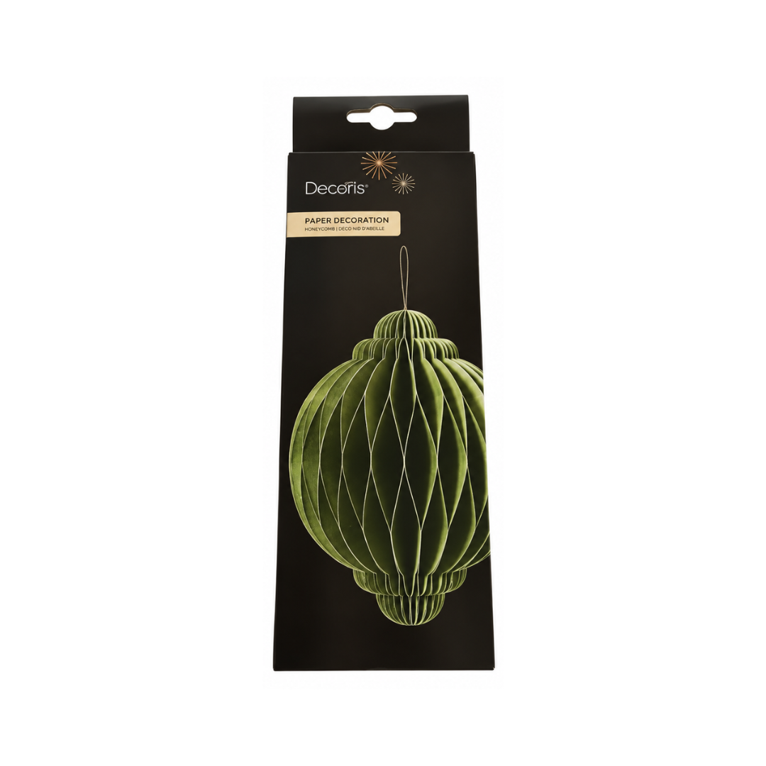 Pallina di Natale verde oliva in carta pieghettata nella confezione originale