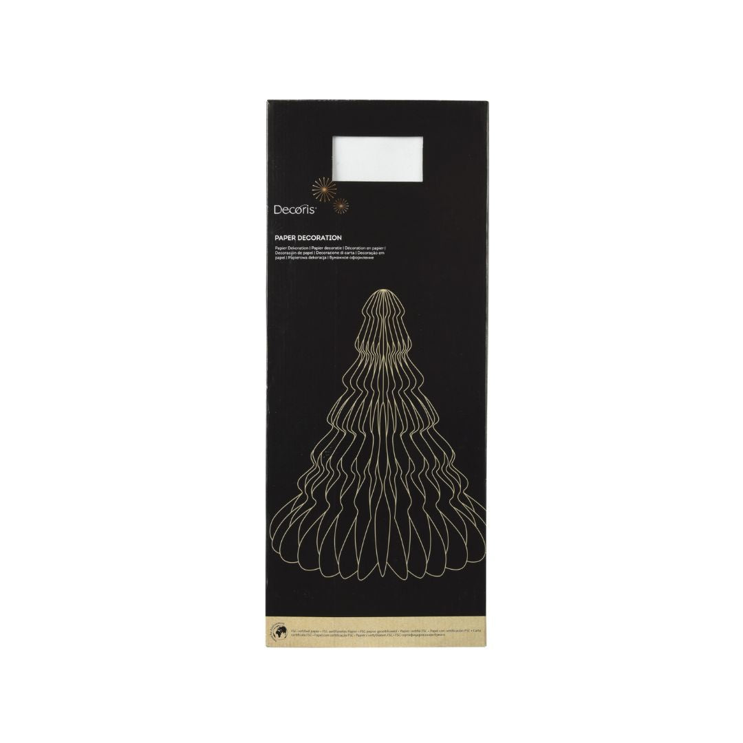 Confezione decorazione natalizia in carta bianca a forma di albero, con grafica dorata del prodotto e finestra che mostra il colore interno.