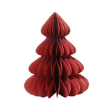 Decorazione natalizia a nido d’ape in carta rossa a forma di albero di Natale, con profili ondulati e struttura autoportante.