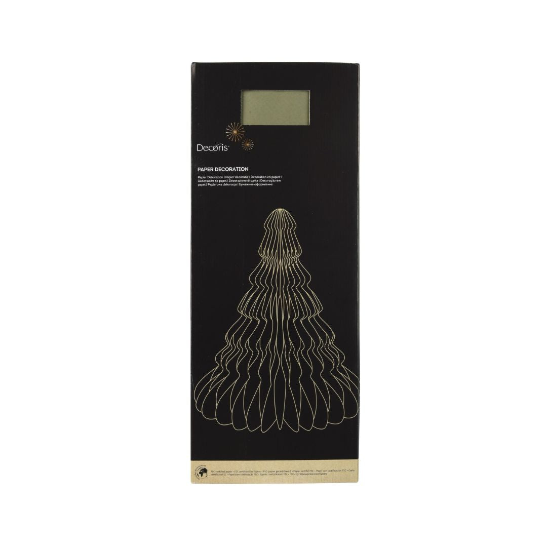 Confezione decorazione natalizia in carta verde a forma di albero, con grafica dorata del prodotto e finestra che mostra il colore interno.