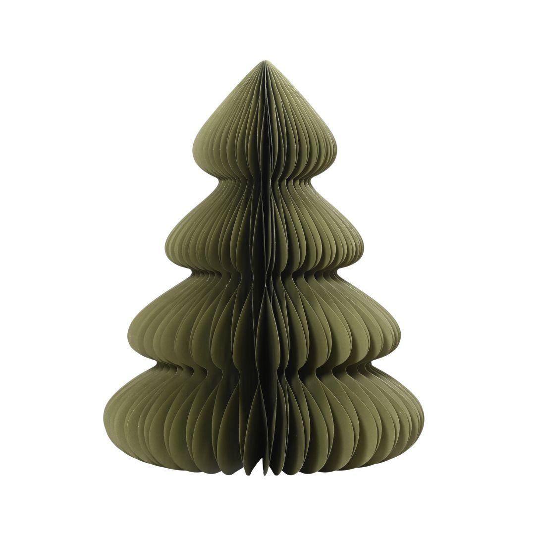 Decorazione natalizia a nido d’ape in carta verde a forma di albero di Natale, con profili ondulati e struttura autoportante.