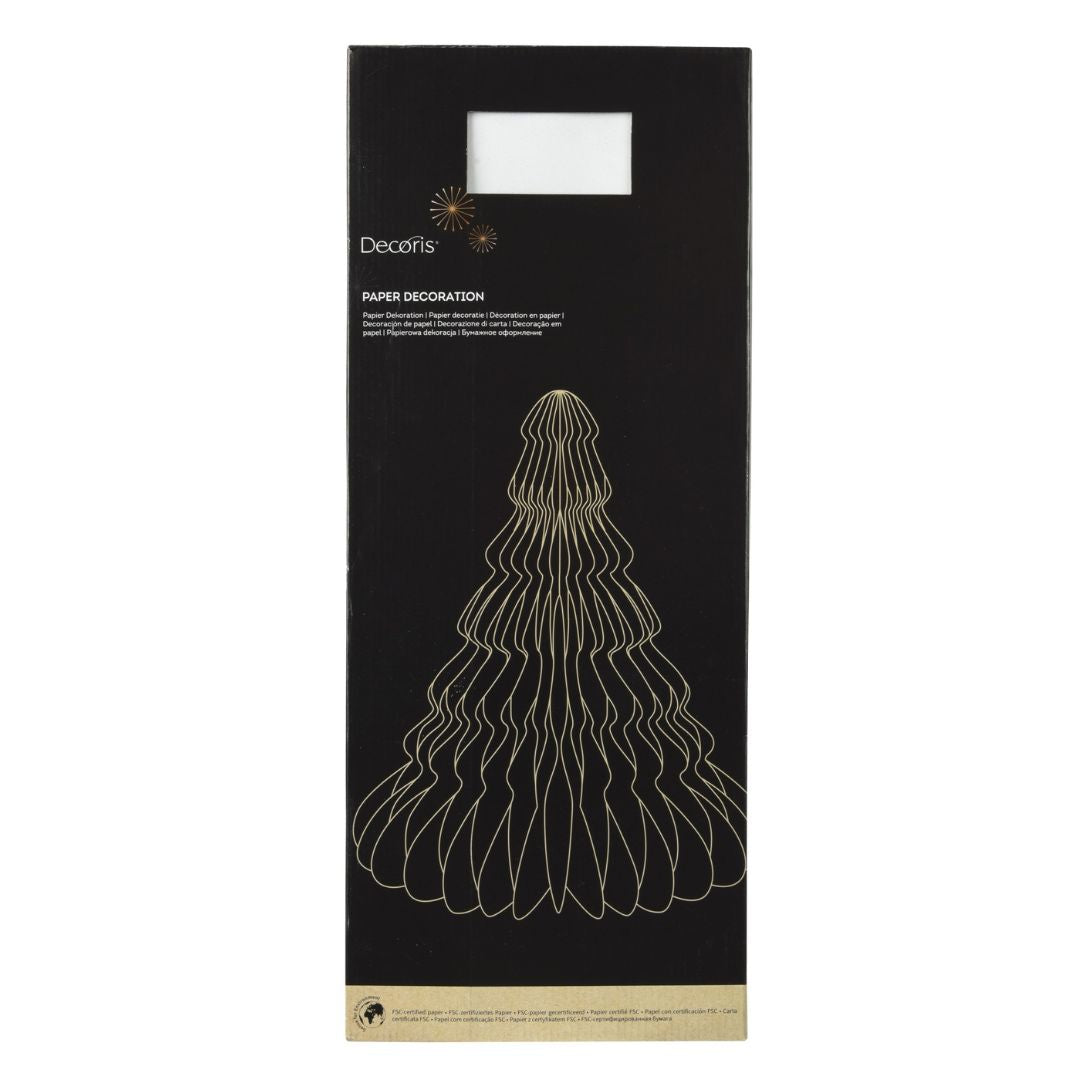 Confezione decorazione natalizia in carta bianca a forma di albero alto 90 cm, con grafica dorata del prodotto.