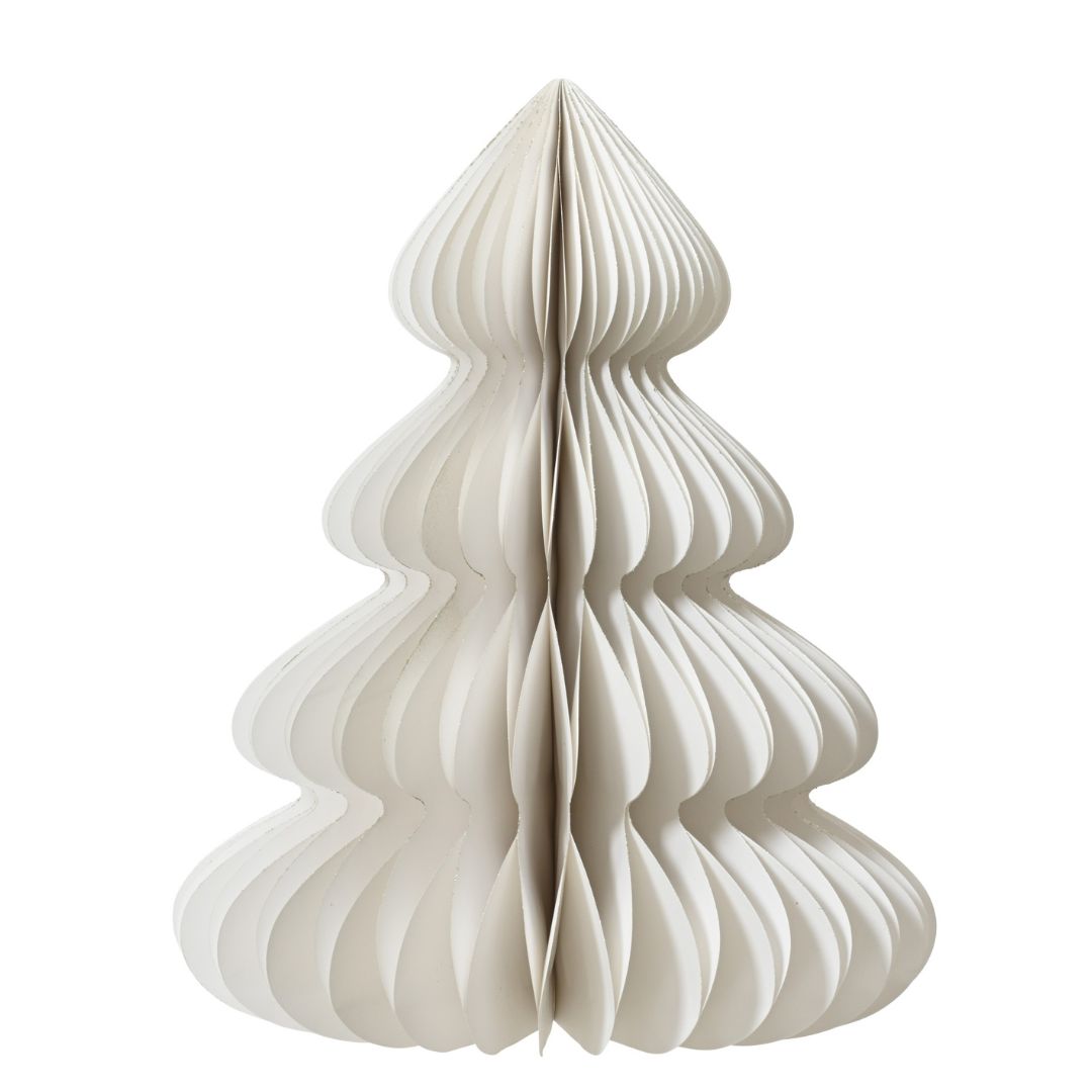 Decorazione natalizia in carta bianca a forma di albero di Natale alto 90 cm, con profili ondulati e struttura autoportante.
